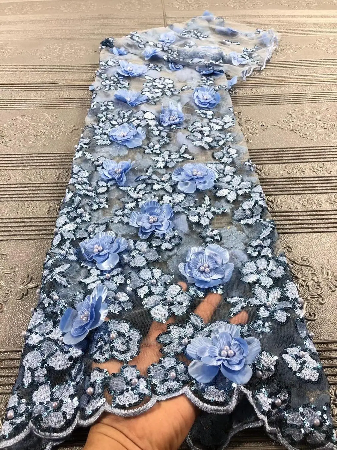 

3D lace fabric 2019 high quality lace latest African french tulle lace fabric with beads wedding Nigerian lace fabrics for party