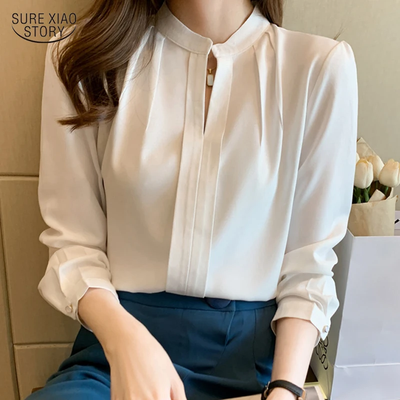 

Осень 2021, однотонная блузка с V-образным вырезом, топы, Женские Элегантные повседневные рубашки с длинным рукавом, облегающие плиссированны...