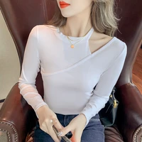 100 cotton tshirt women 2021 new fashion sexy hollow o neck white long sleeve slim basic korean style woman tops t shirt female