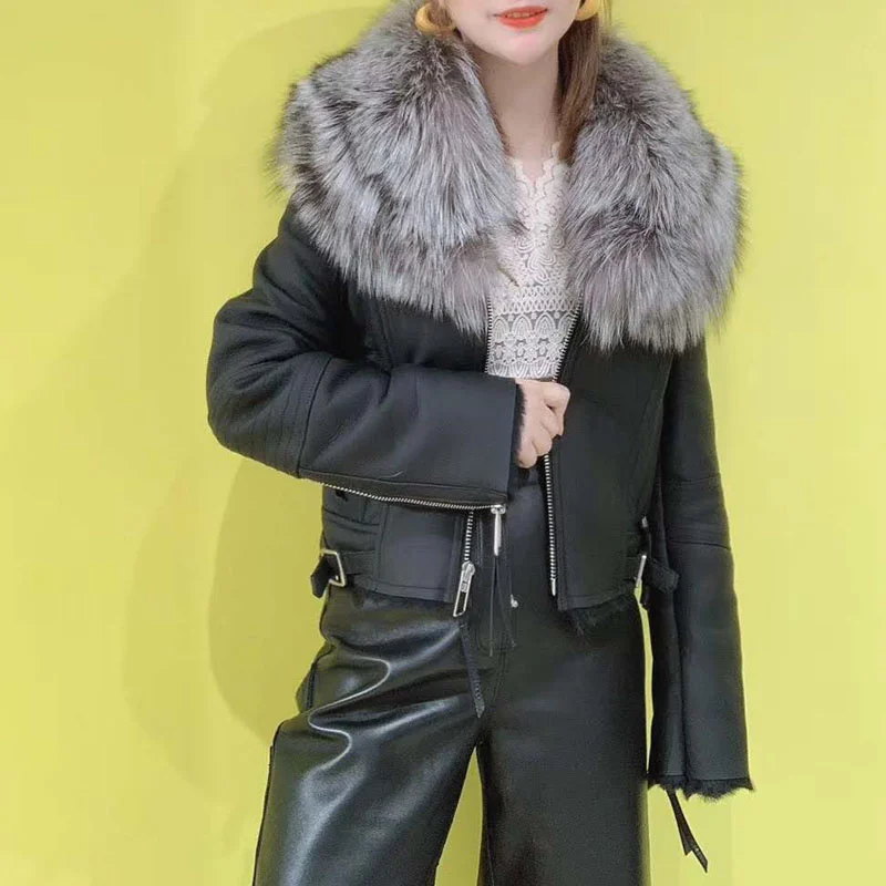 Женское зимнее пальто из натуральной чернобурки с воротником овчины 2022 | Женская