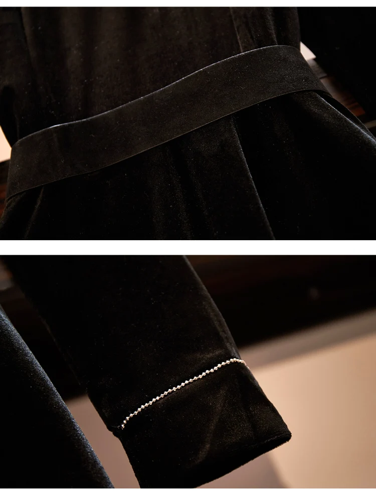 

plus size women autumn winter warm black velvet dresses for women turn down collar long sleeve office ladies A-line dresses 2020