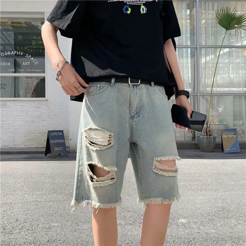 

BXyichen summer new hole denim shorts Korean version of the trend loose loose five-point pants Hong Kong trendy brand pants