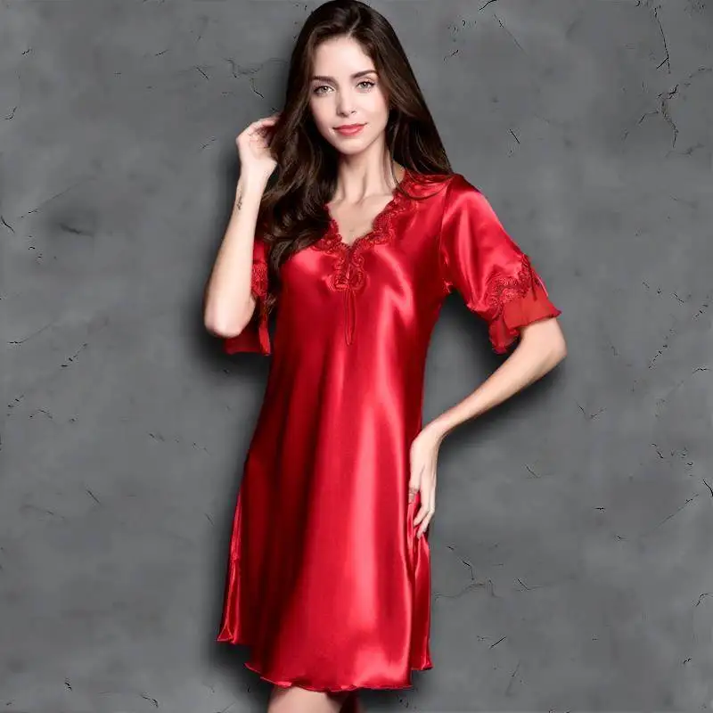 Women Sexy Ice Silk Satin Nightgown Short Sleeve Nightdress V-neck Summer Lace Sexy Sleepwear Loose Soft Lingerie Wedding Bride