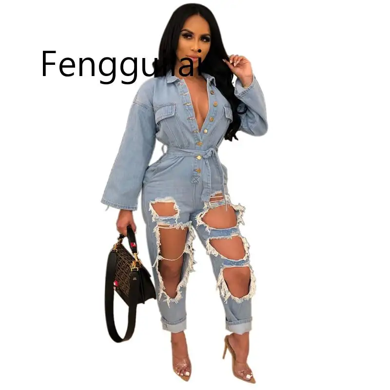 FENGGUILAI модные сексуальные рваные джинсы комбинезон женские Комбинезоны пуговицы