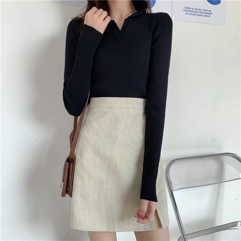 Женский свитер с воротником-поло приталенный пуловер большого размера в