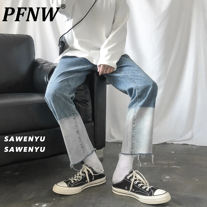 

Мужские джинсы с необработанными краями PFNW, прямые тонкие джинсовые брюки до щиколотки Ulzzang, модель 2X0752 по индивидуальному заказу, 2021