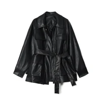 2022 autumn winter new womens leather jacket female motorcycle clothing mid length retro loose black pu leather jacket n289