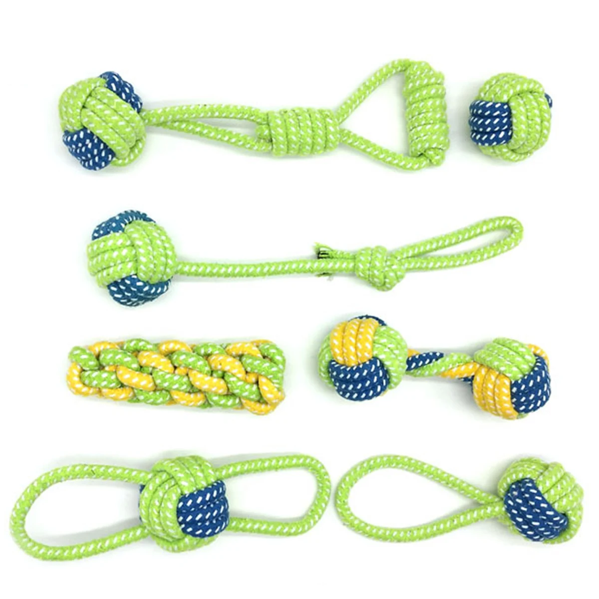 

7pcs/set different shapes Dog Rope Toys Tough Cotton Rope wear-resistant durable Pet Dogs Teeth Cleaning Chew Toy Green