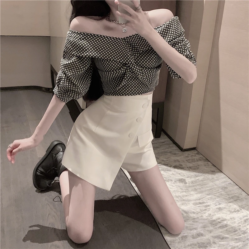 

Spring Summer 2021 Women Mini Skirts Shorts Irregular Design Short Pants Button Fly Ladies Fashion High Waist A-line Skirt