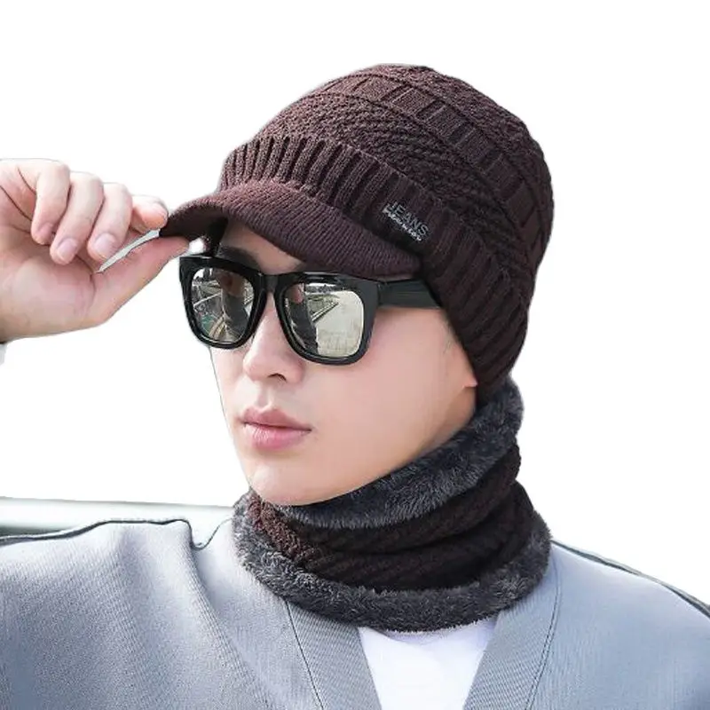 XEONGKVI Korean Winter Warm Duck tongue Knitted Cap Scarf Two-piece Set Brand Skullies Beanies Pompom Men Woolen Hat