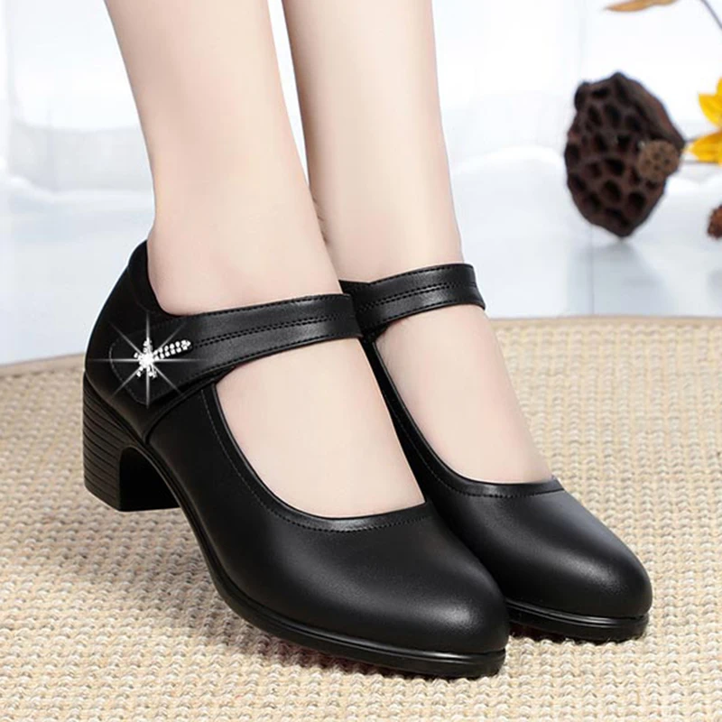 

Rimocy Comfortable Med Heel Office Shoes Woman Soft Pu Leather Crystal Strap Pumps Women Round Toe Shallow Casual Shoes Ladies