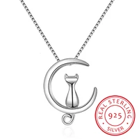 real pure 925 sterling silver cat moon necklaces pendant long kitty necklace for women hot fashion sterling silver jewelry