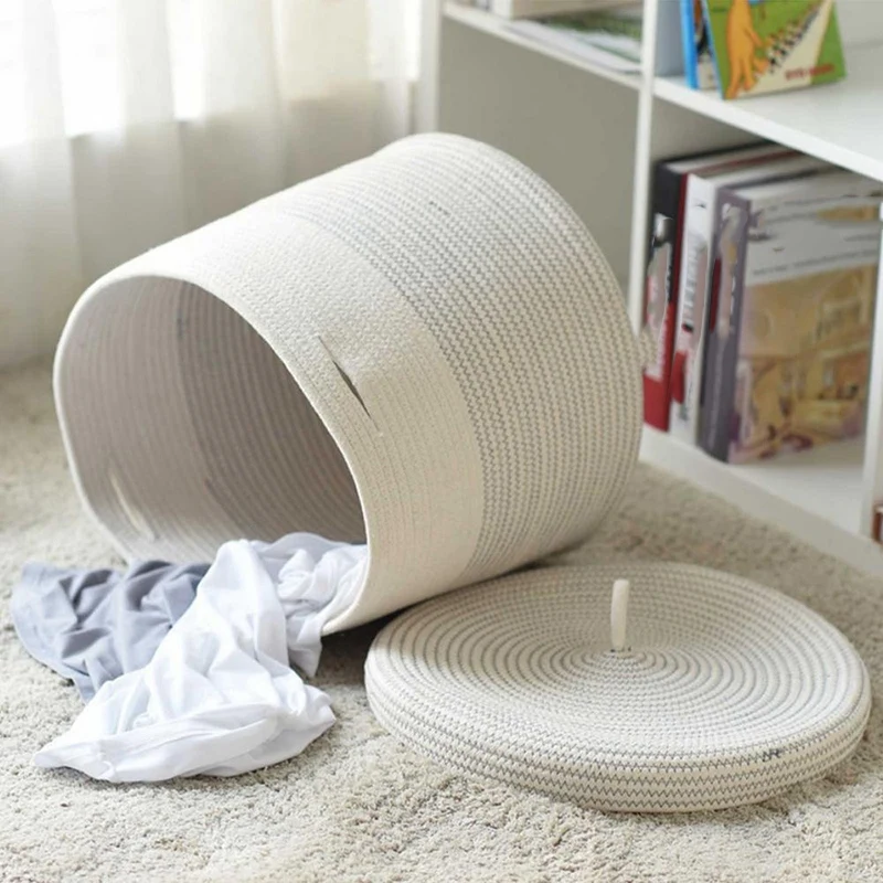 

Cotton Rope Woven Laundry Basket with Lid Kids Plush Toys Storage Organizer Dirty Clothes Basket Sundries Storage Barrel