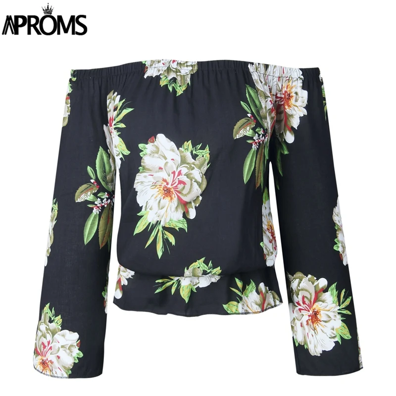 Aproms, рукав-фонарик, Boho, цветочный принт, безрукавка, топы, элегантный, с открытыми плечами, укороченный Топ для женщин, летняя одежда, уличная одежда, футболки, майки - Цвет: Черный