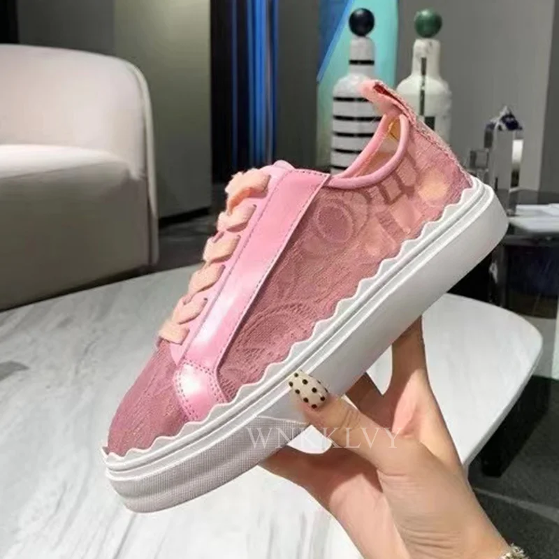 

Flat Thick Sole Casual Shoes Women Breathable Embroidery Lace Up Platform Sneakers Spring Summer Air Mesh Comfort Walk Shoes