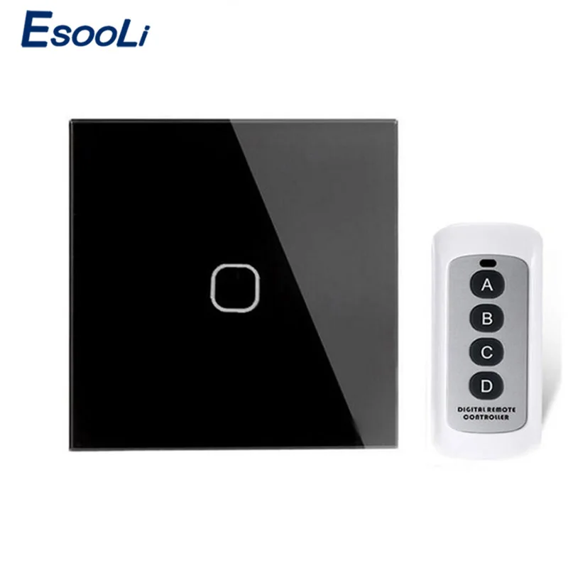 Esooli стандарт ЕС/Великобритания 2 банды 1 способ дистанционное управление переключатель, AC 170~ 240 В настенный светильник дистанционный сенсорный переключатель с мини-пульт дистанционного управления - Цвет: 1 Gang Black-B