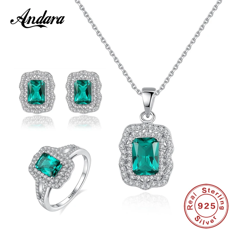 

High Quality Female Wedding Jewelry Set 925 Sterling Silver Vintage Geometric Green Gem Necklaces Earrings Rings Jewelry Sets