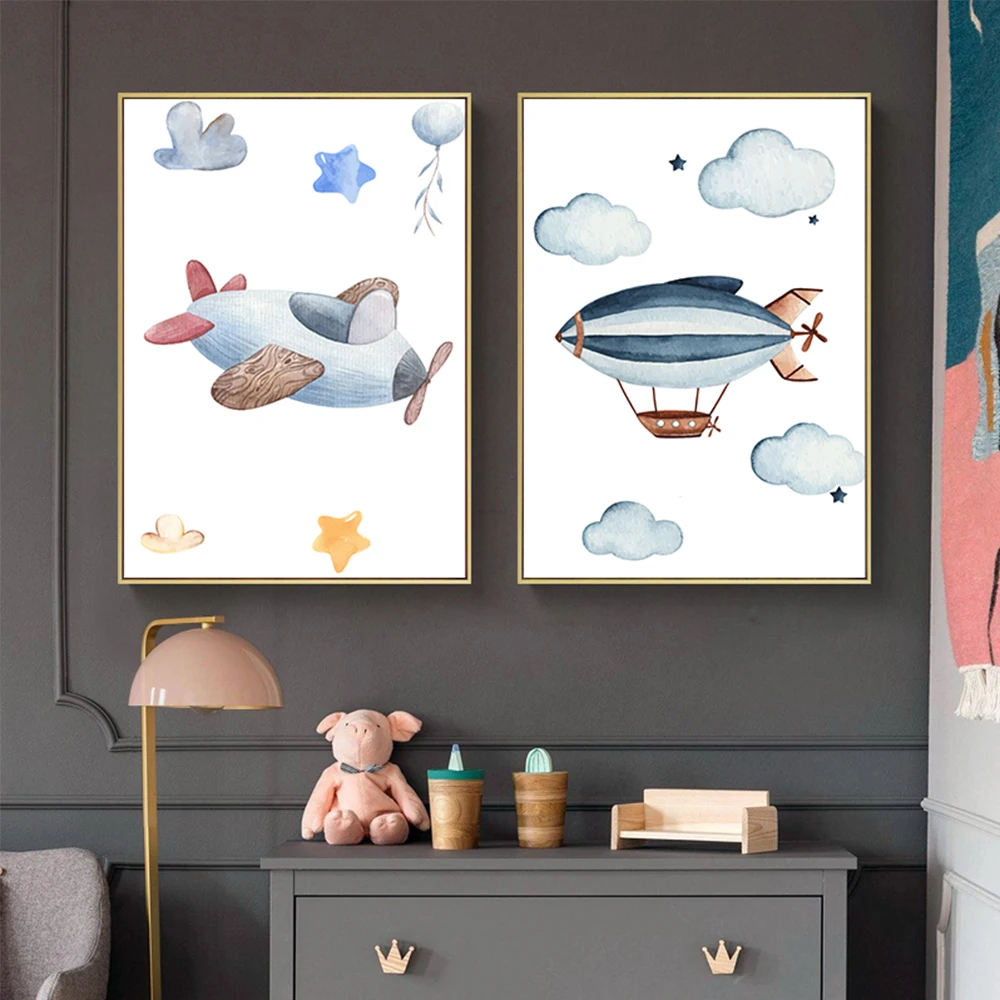 С рисунком самолета на воздушном шаре настенный художественный принт детская