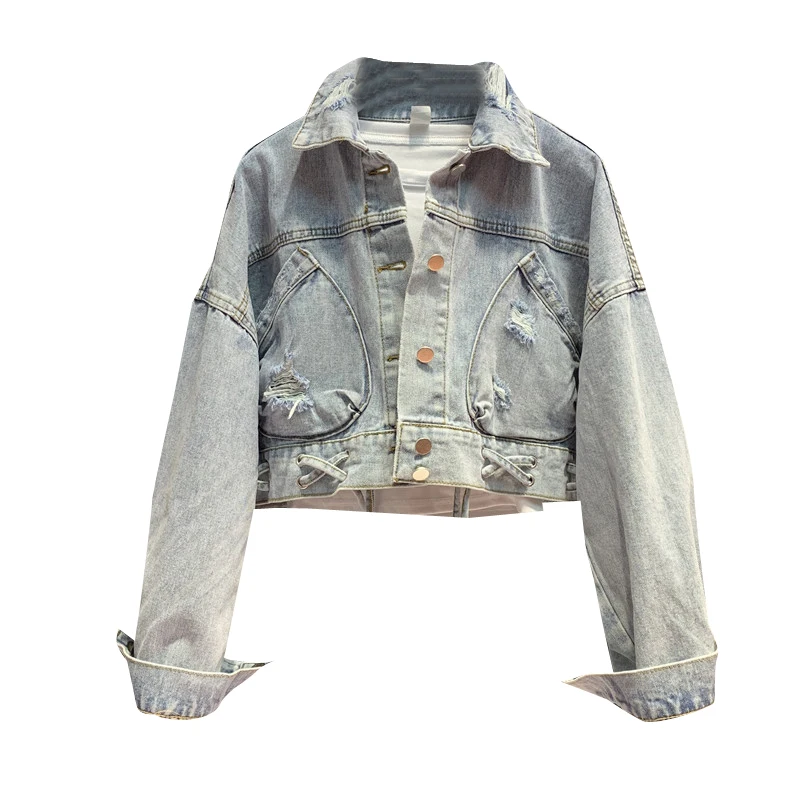 Женская короткая джинсовая куртка свободная в стиле ретро с дырками и завязками