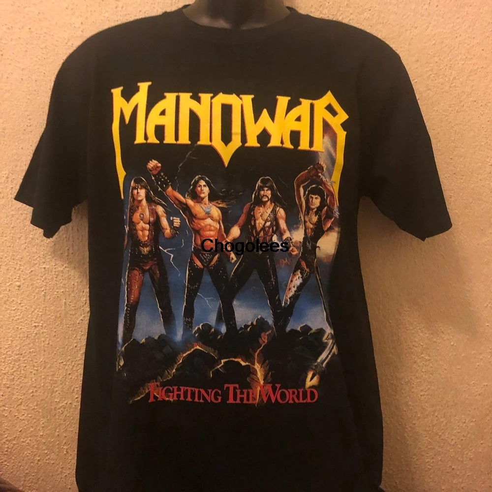 Двухсторонняя Мужская черная футболка MANOWAR с надписью Fighting the worl 80s металлическое