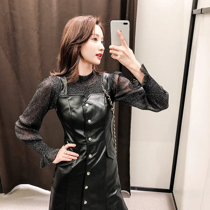 Женское платье с рукавами-фонариками черное 9950 из искусственной кожи 2019 | Женская