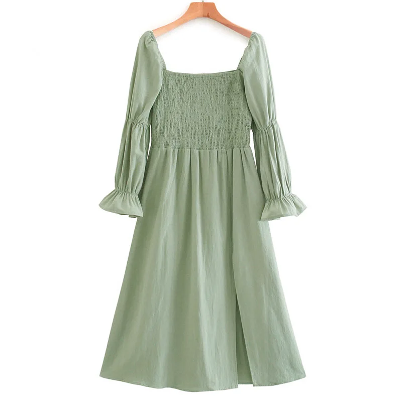 

Retro Court Style Dress Za Women 2021 Square Neck Waist Dress Puff Long Sleeve Side Split Pleated Retro Chic Long Dress