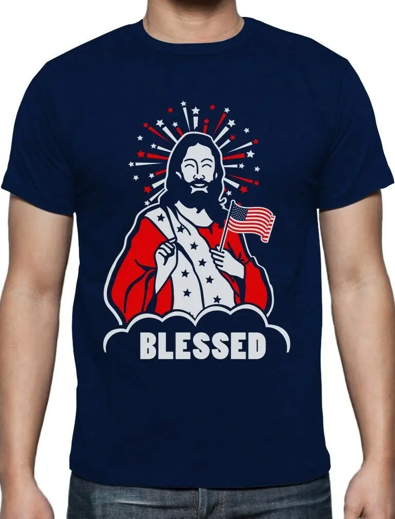 

Blessed Jesus Christian American Flag Usa 4Th of July T-Shirt Independence Day New Fashion Men's Hip Hop Print Novelty T Shirts