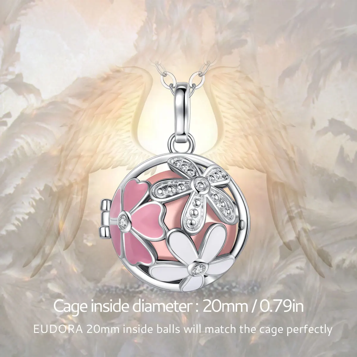 

EUDORA Harmony Bola Pink Flower 20mm Locket Pendant Necklace Angel Music Chime Ball 30 inch Sweater Chain For Women Best gift