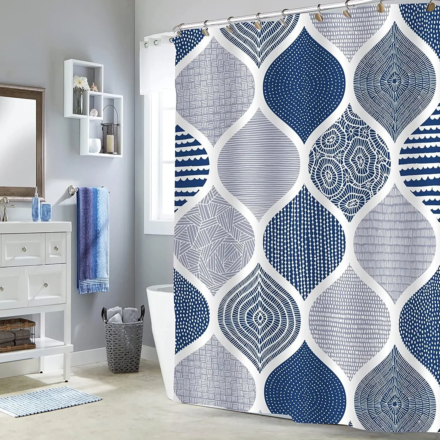 

Navy Boho Shower Curtain Set Abstract Bohemian Light Blue Leaf for Grey Bathroom Decor Dark Blue Geometric Fabric Bath Curtains