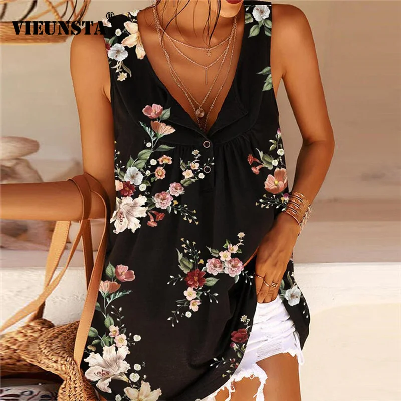 

Spring Retro Floral Print Loose Harajuku Shirts Women Fashion V Neck Button Blouses Summer Sleeveless Tank Tops Blusa Streetwear