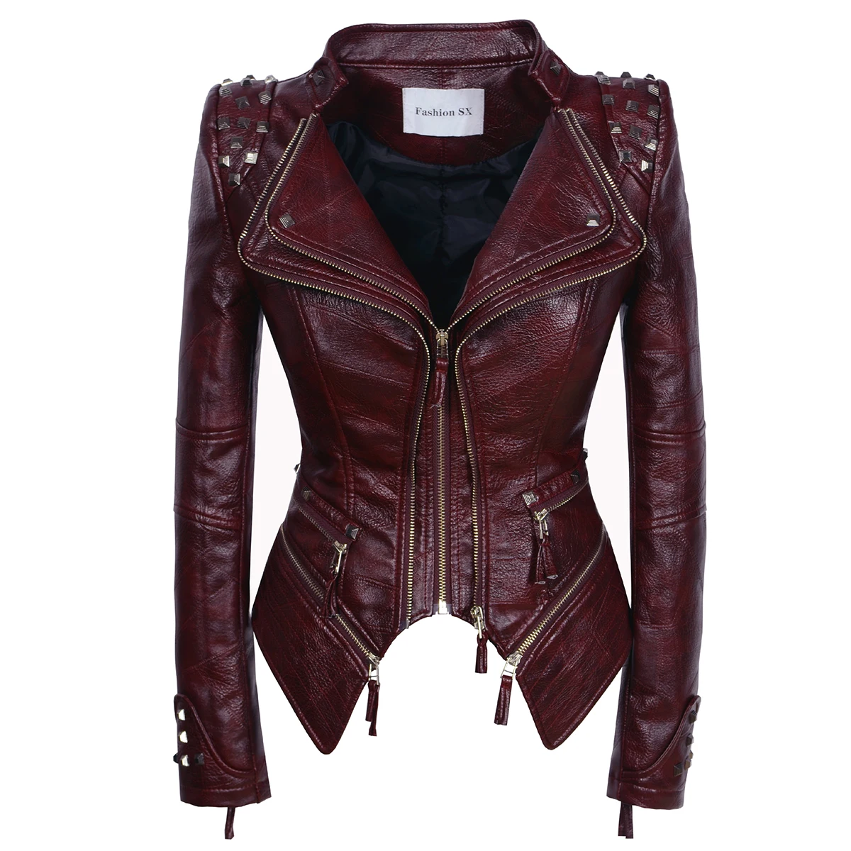 2021 NEW Faux Leather Rivets Jackets Women Casual PU Slim Spring Autumn Motorcycle Female Streetwear Zipper Coat Chic Outwear
