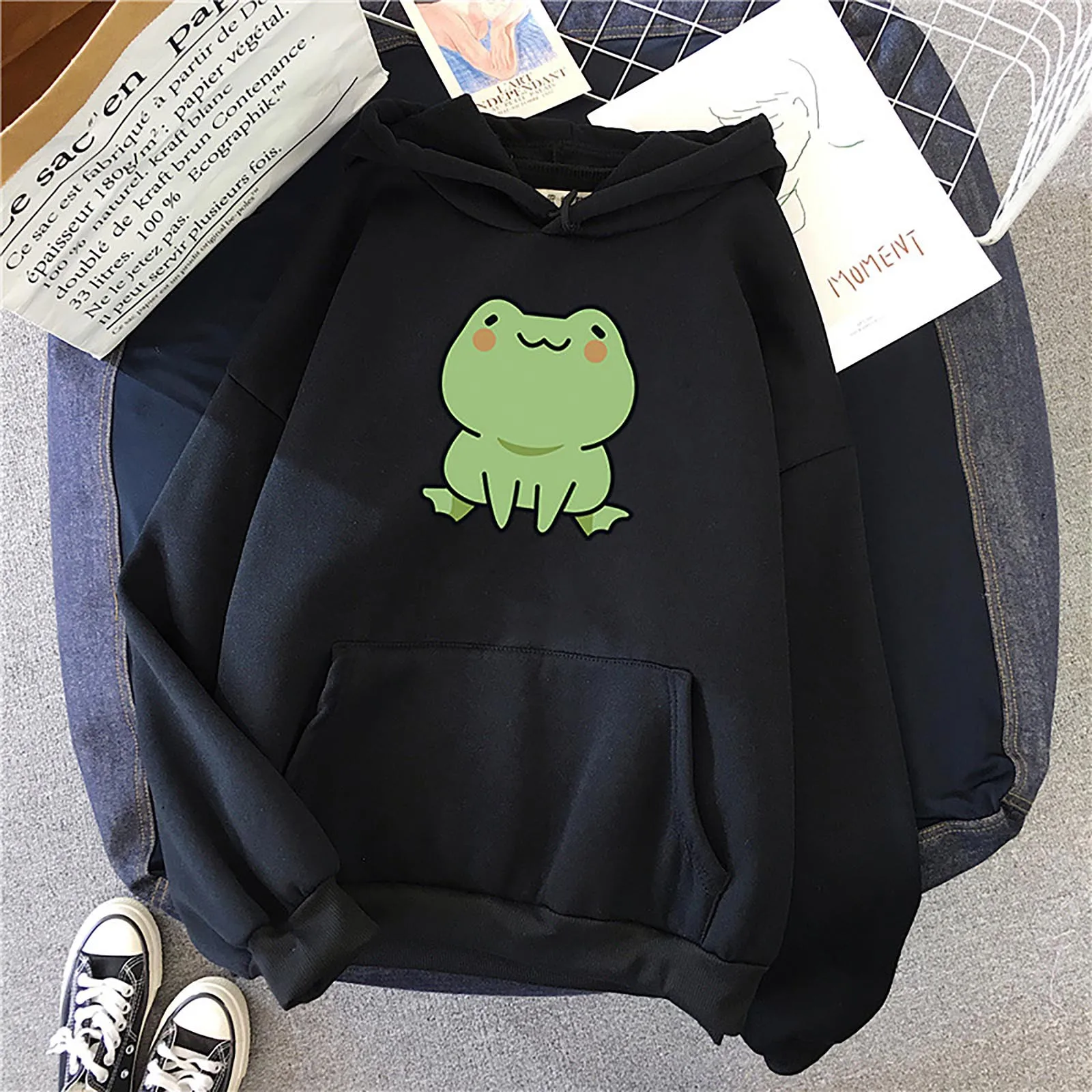 

Women Sweatshirts Long Sleeve Cute Animal Printed Frog Hoodies Loose Spring Autumn Pullovers Pockets Sweatshirts Hoodies Female
