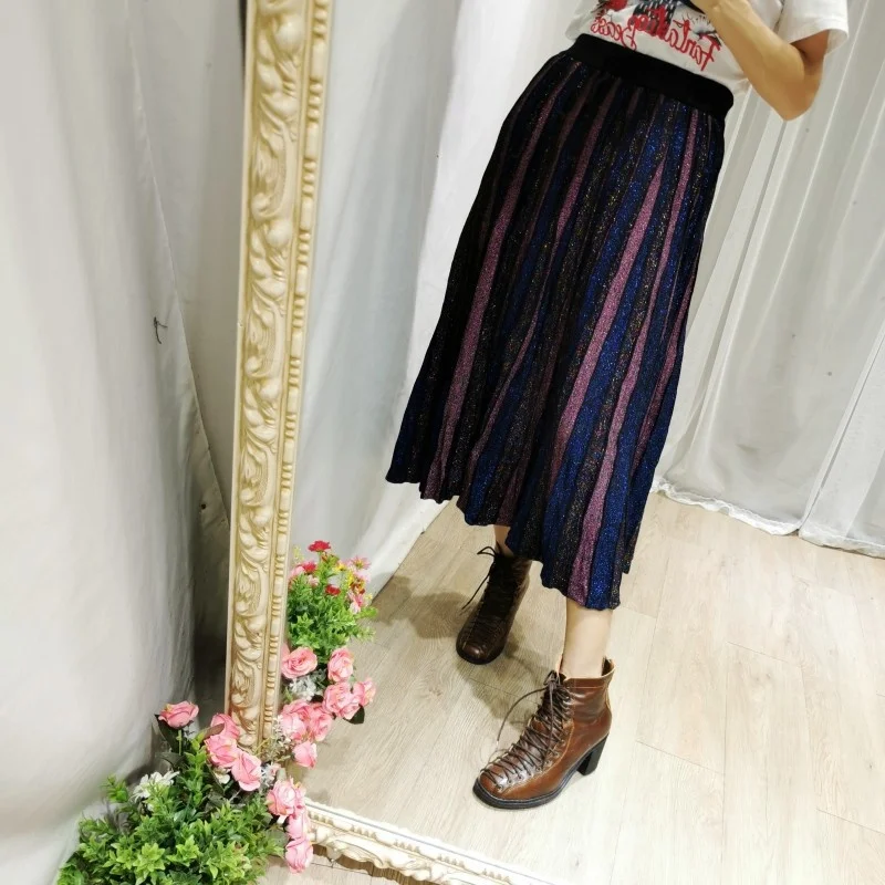 

Fall 2021 New Fashion Temperament Women's Elastic Waist Color Striped Bright Silk Big Pleated Skirt DF630