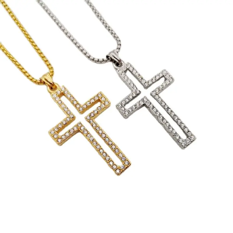 

New full rhinestones Stainless steel hollow out cross pendant & Necklace Bling Bling HIP HOP rock rapper cross necklace
