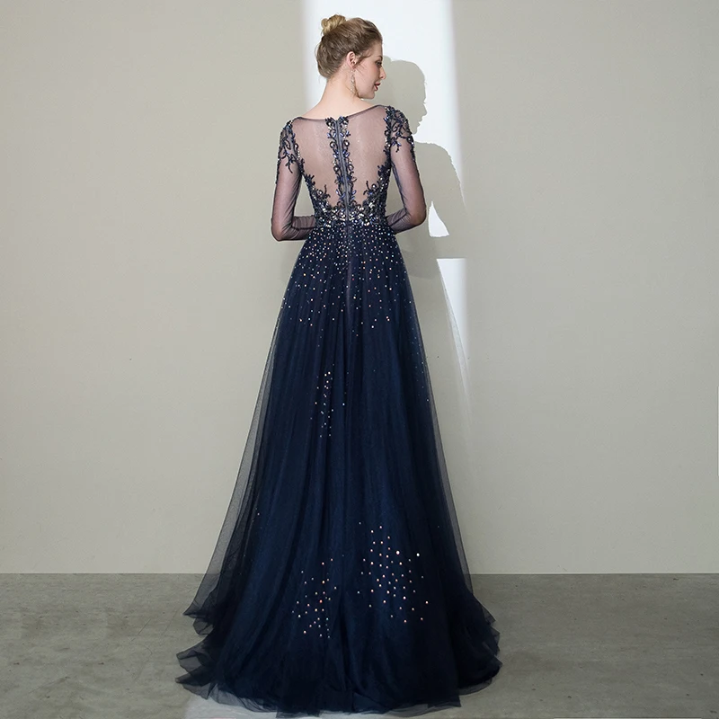 

Sexy Deep V-neck Evening Party Gown Lady Qipao Hollow Out Backless Prom Dress Luxury Rhinestone Elegant Mesh Robe De Soiree