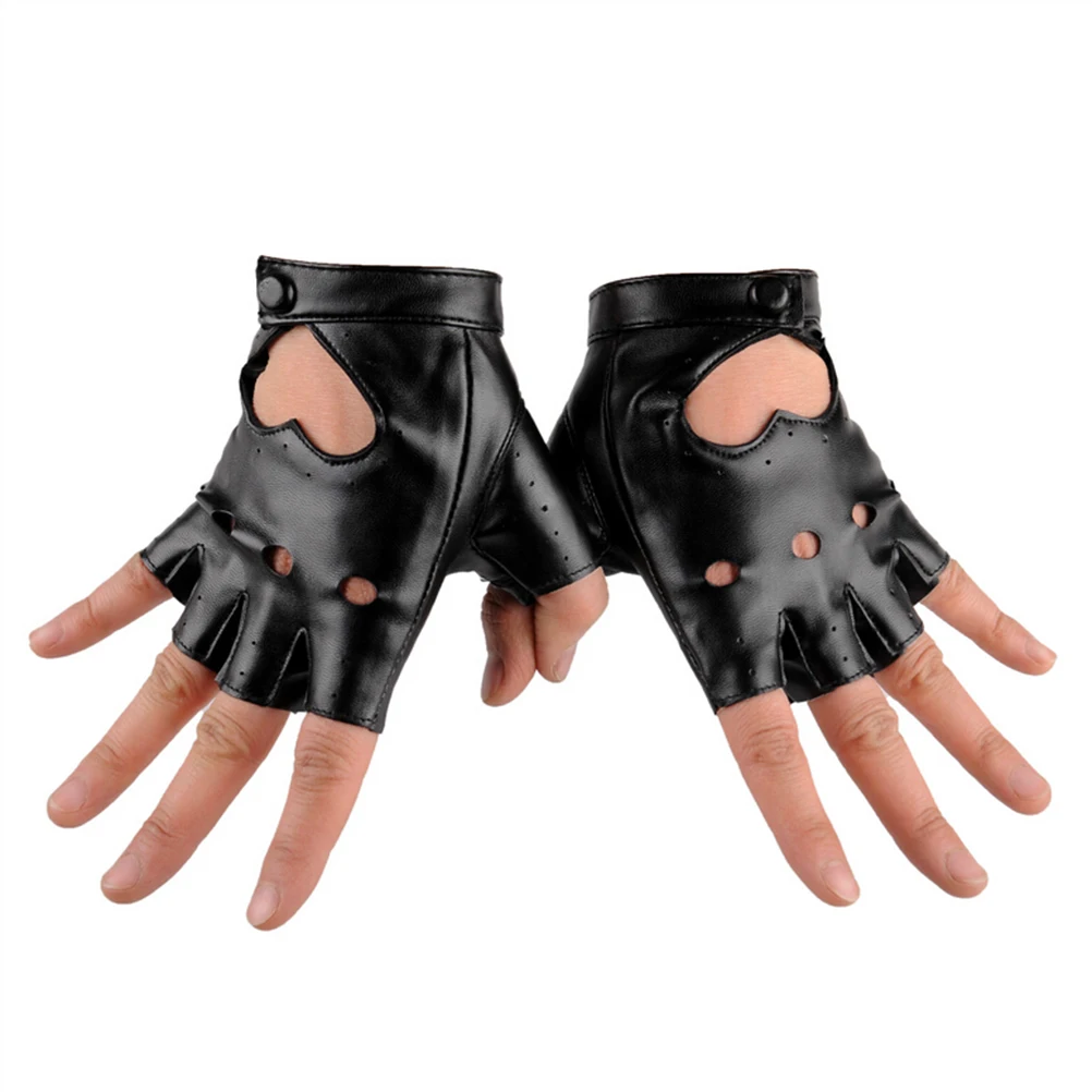 

1pair Women Fashion PU Leather Black Half Finger Gloves Cool Heart Hollow Fingerless Gloves Boy Gloves For Fitness