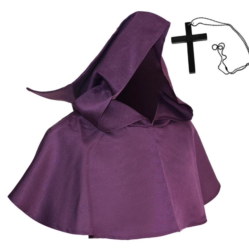 

50LB Witch Cowl Hat Cross Necklace Set Halloween Religious Cloak Cosplay Costumes Accessories