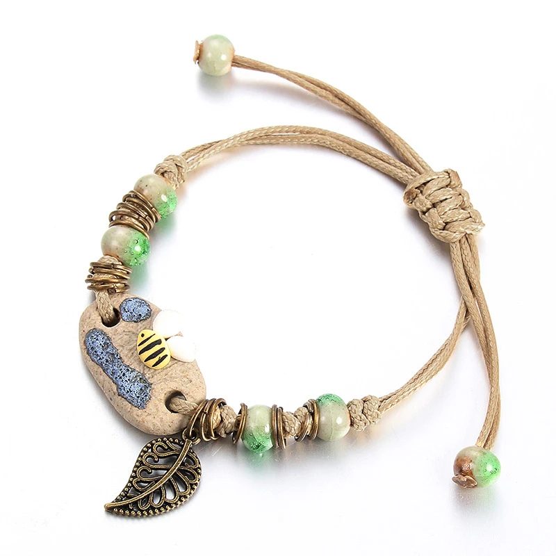 

Simple Fashion Handwoven Flower Leaf Ceramic Small Jewelry Bracelet for Women's Bracelets Handmade Ceramic Chinese style gift