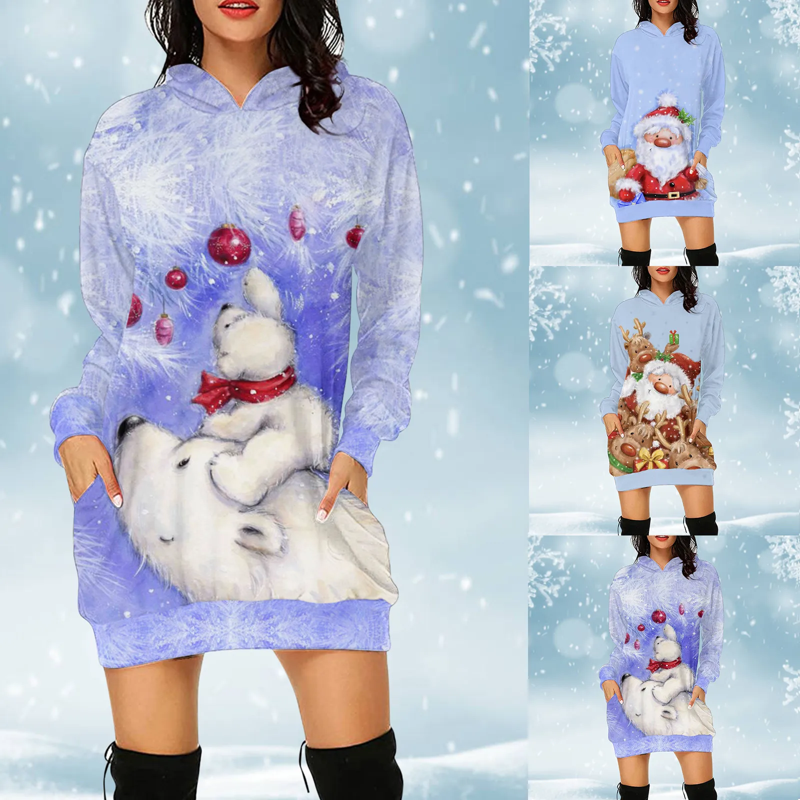 

Женское облегающее свитер с капюшоном, легкий пуловер оверсайз с длинным рукавом и рождественским принтом, платье средней длины с боковыми ...