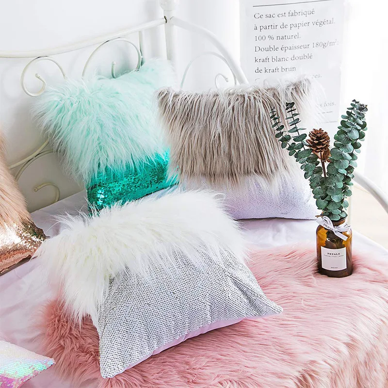 Длинные Плюшевые наволочки с пушистыми блестками белые розовые кофейные серые