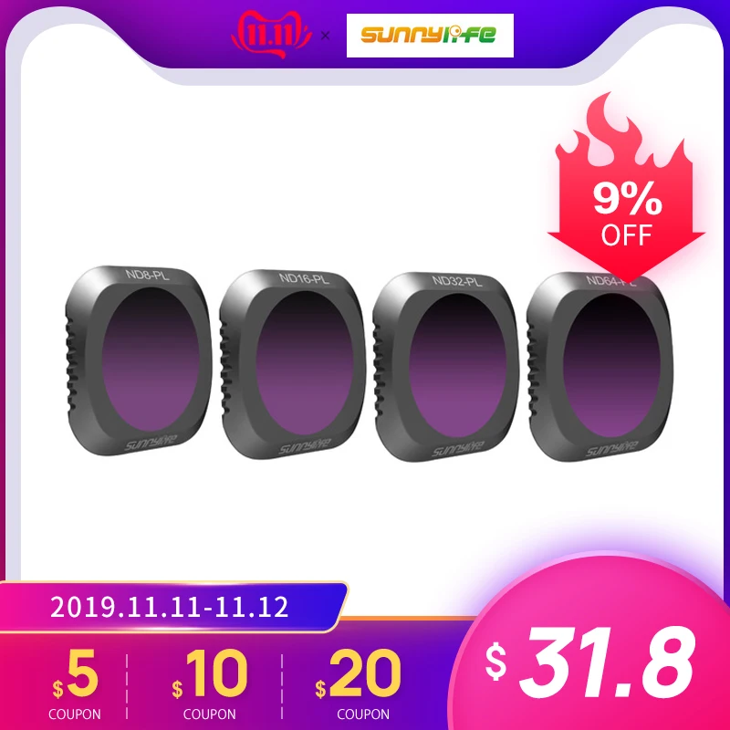 Sunnylife 4 шт. фильтры ND8-PL ND16-PL ND32-PL ND64-PL ND Полар-флиса Комплект фильтров для объектива для DJI Mavic Pro/Air 2/Pro с переменным фокусным расстоянием Дрон Квадрокоптер аксессуары