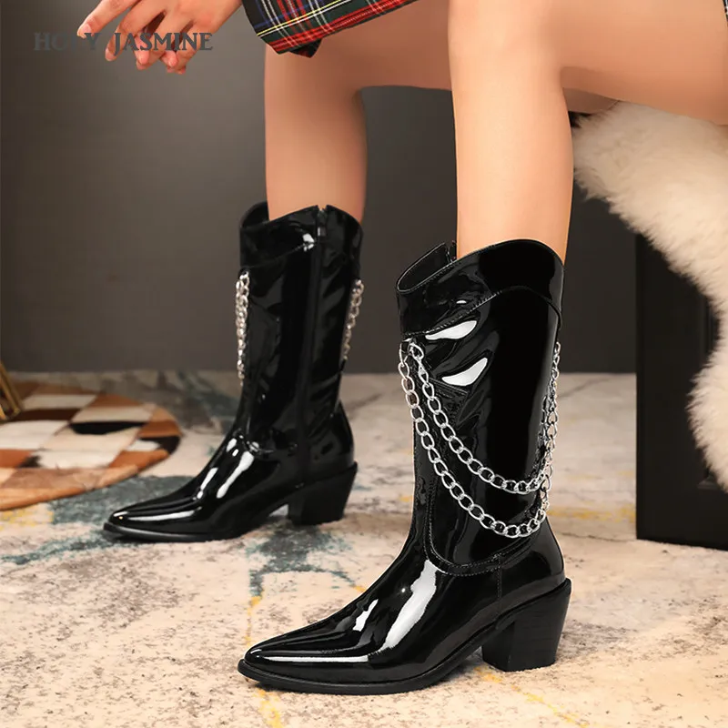 

NEW Women Boots 2020 Autumn Winter Net Celebrity Same Style Women's Chain Boots European and American Thick Heel Shiny Western