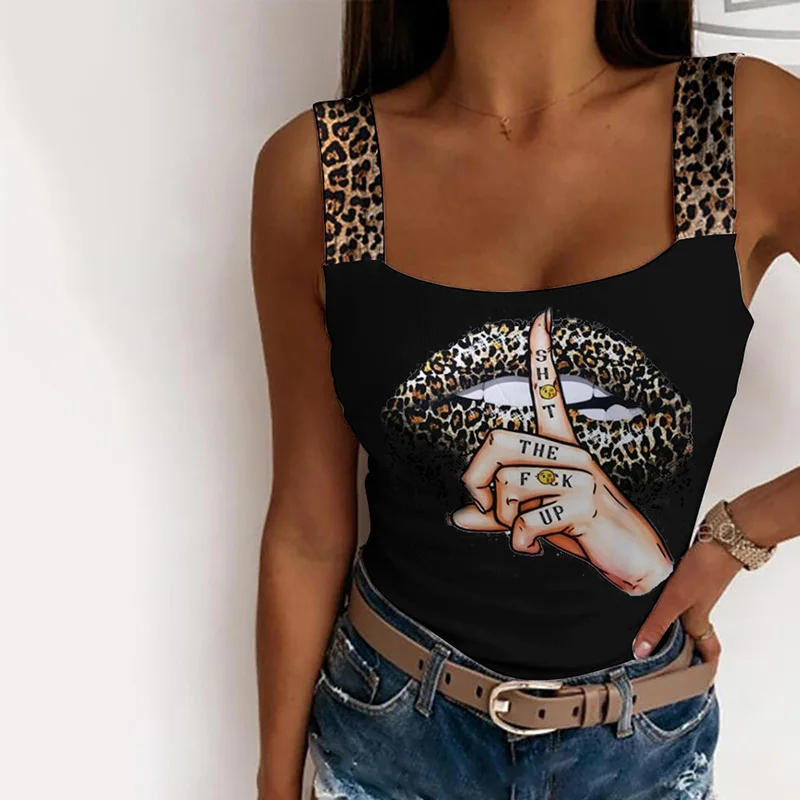 

Summer Women Tank Top Casual Sleeveless Vest Tops Thick Strap Finger Lip print Backless SportyTop Tank Tops
