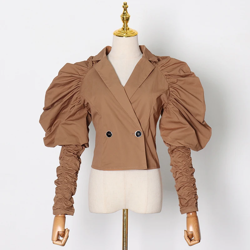 

GALCAUR Korean Shirts For Women Notched Collar Puff Long Sleeve Loose Short Top Casual Blouses Female 2020 Autumn New Clothing