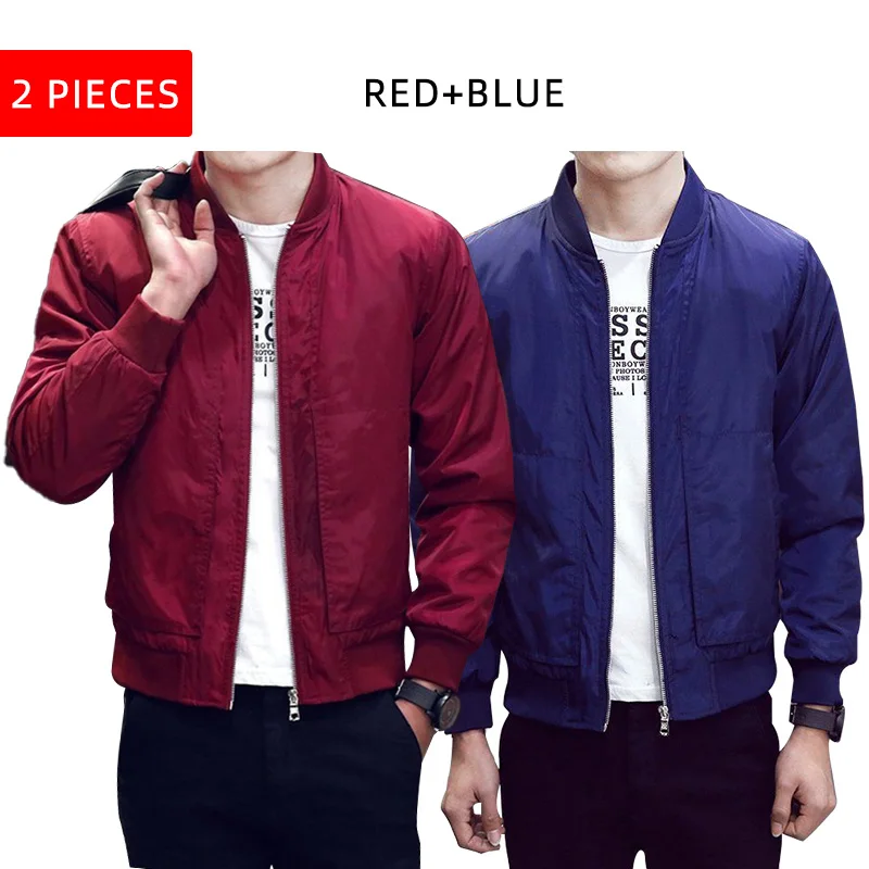 2pc Red Blue FK063 Повседневная куртка-бомбер, Мужская однотонная Модная приталенная весенняя куртка, осенняя верхняя одежда, пальто, бейсбольные куртки, мужская уличная куртка - Цвет: 2pc Red Blue FK063