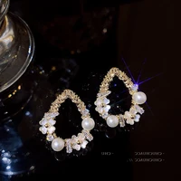 2022 korean fashion simple delicate water drop simulated pearl rhinestone flower dangle earrings for women jewelry wholesale