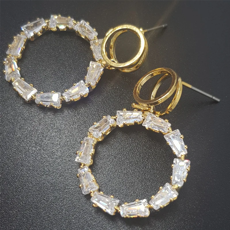 Модные серьги женские золотые для женщин циркониевые стразы серебряные сережки