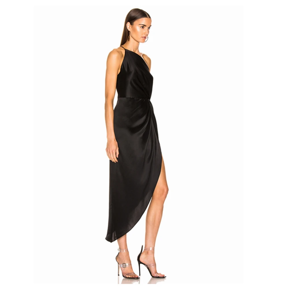 Женское атласное платье до середины икры однотонное черное/красное Клубное на