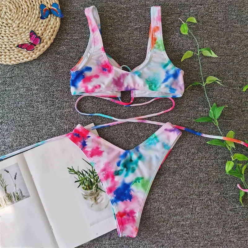 

Women Sexy Bikini Set Rainbow Tie-Dye Swimsuit Hollow Cross Strappy Bathing Suit M68D