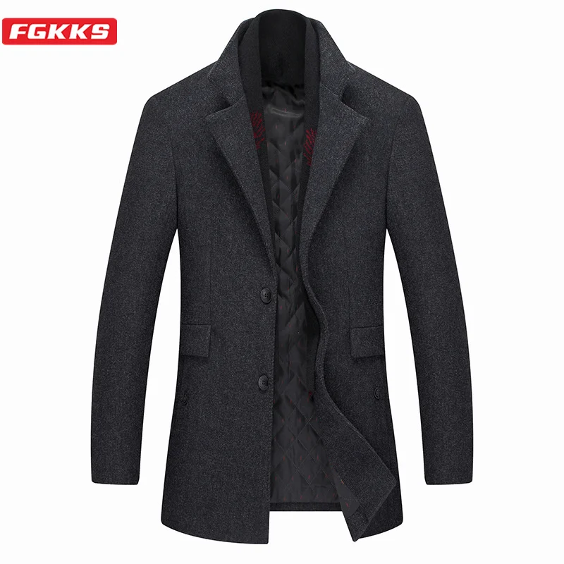 Мужское повседневное шерстяное пальто FGKKS толстые теплые со съемным шарфом для